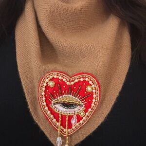 Handmade-New (never used)/ Upcycled Embroidered Heart Pendant Necklace/100% Wool